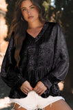 Frill Peplum V-Neck Long Sleeve Blouse - Trendsi - Flyclothing LLC