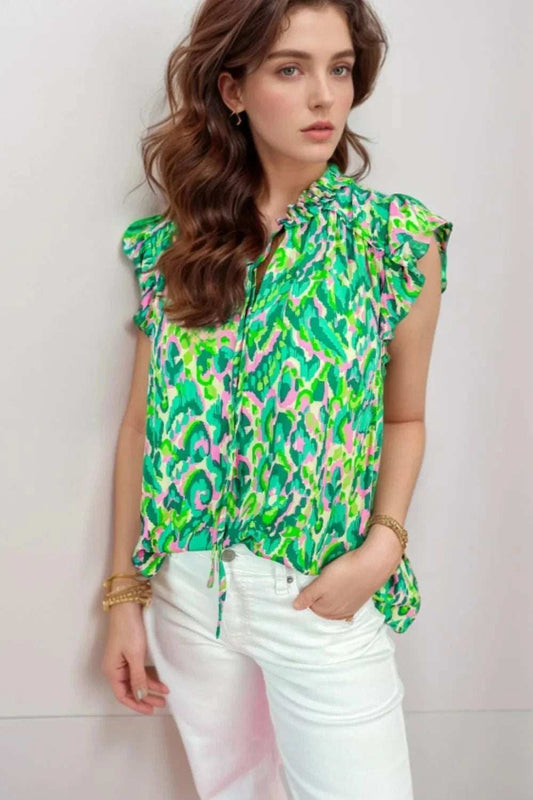 Abstract Print Ruffled Trim Tie Neck Top - Trendsi - Flyclothing LLC