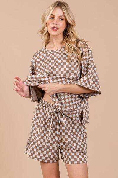 Ces Femme Checkered Round Neck Top and Shorts Set - Trendsi - Flyclothing LLC