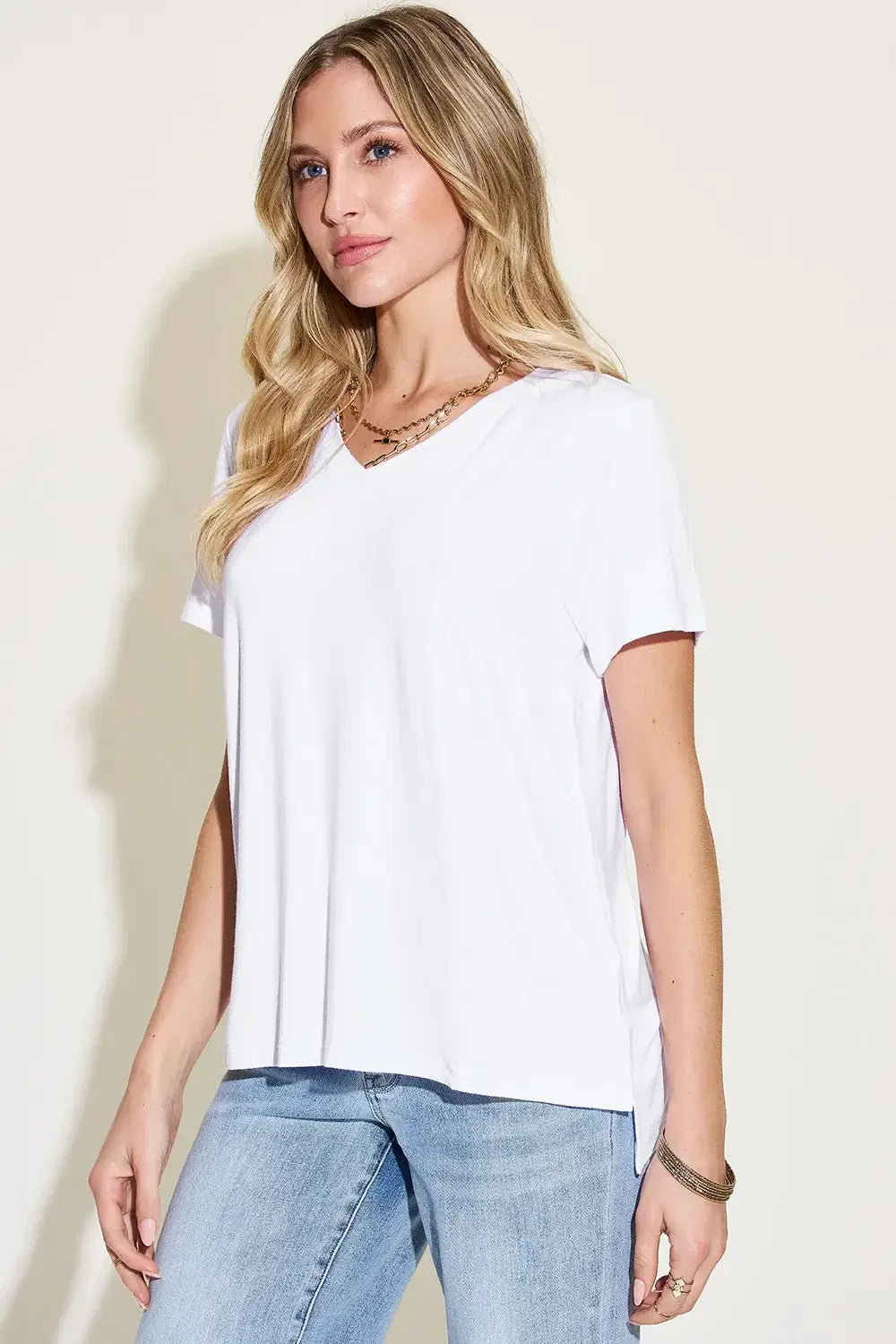Basic Bae Full Size V-Neck High-Low T-Shirt - Trendsi - Flyclothing LLC