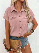 Pleated Detail Collared Neck Short Sleeve Shirt - Trendsi - Flyclothing LLC