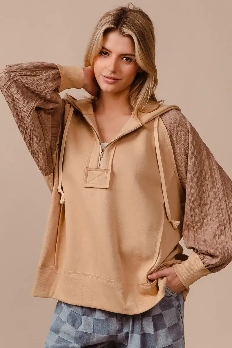 BiBi Half Zip French Terry Hoodie with Kint Sleeves - Trendsi - Flyclothing LLC
