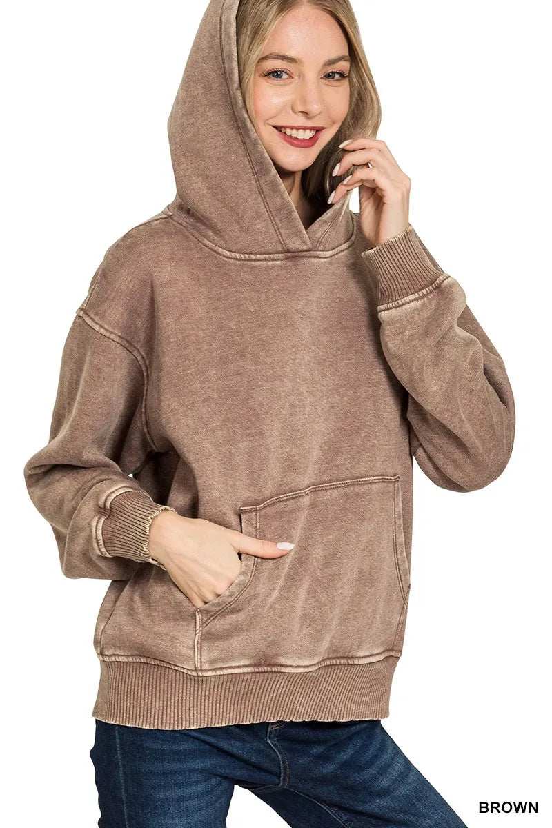 Zenana Fleece Acid Wash Kangaroo Pocket Hoodie - Trendsi - Flyclothing LLC