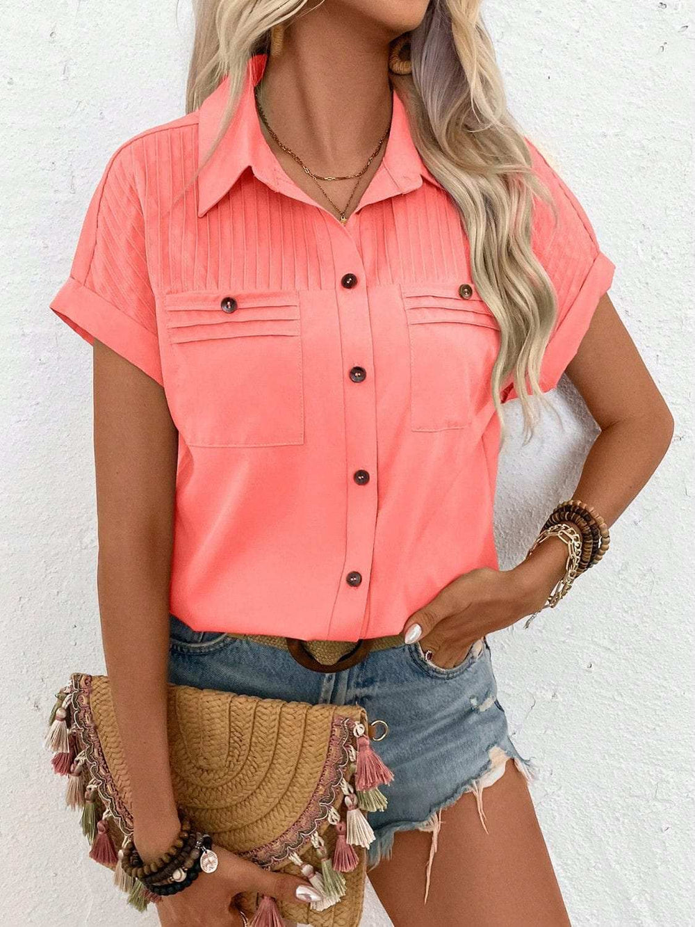 Pleated Detail Collared Neck Short Sleeve Shirt - Trendsi - Flyclothing LLC