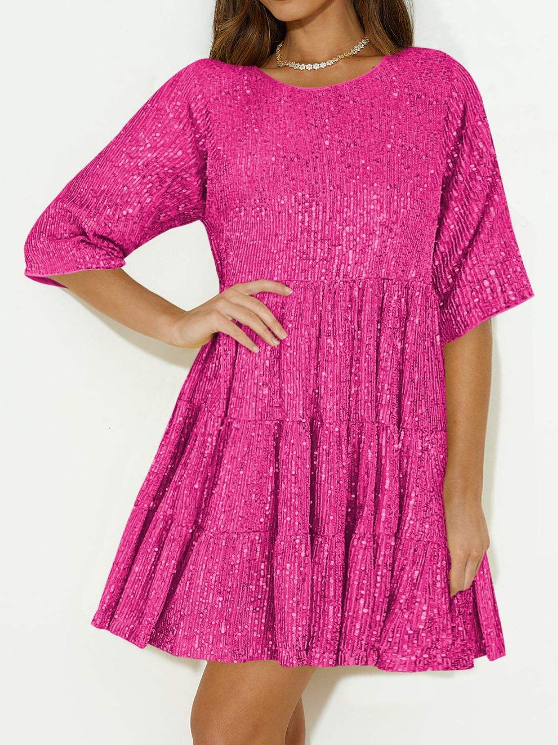 Sequin Round Neck Half Sleeve Mini Dress - Trendsi - Flyclothing LLC