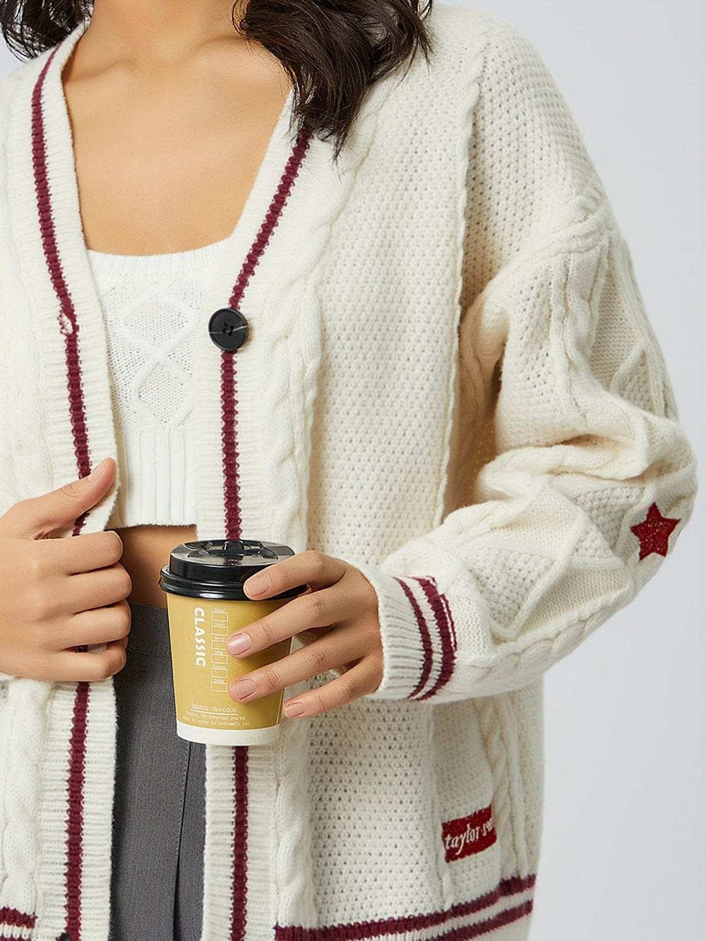 Star Embroidered V-Neck Long Sleeve Cardigan - Trendsi - Flyclothing LLC