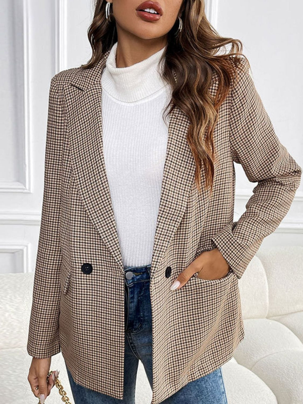Perfee Plaid Lapel Collar Long Sleeve Blazer - Trendsi