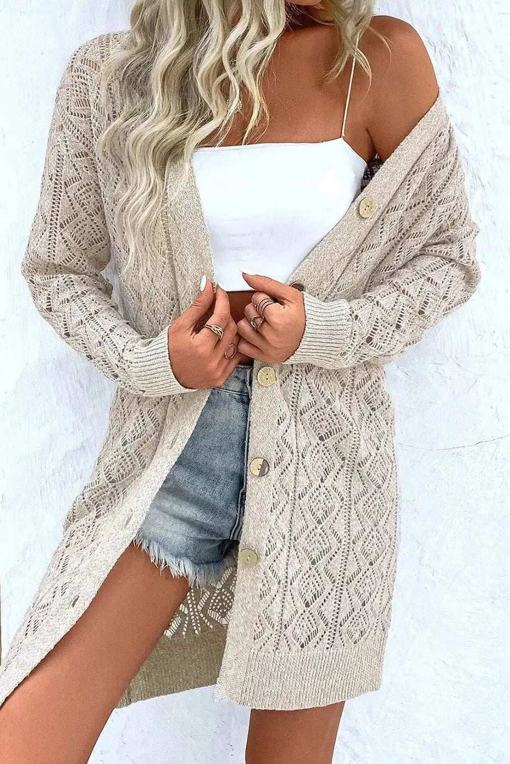 Openwork Button Down Long Sleeve Cardigan - Trendsi - Flyclothing LLC