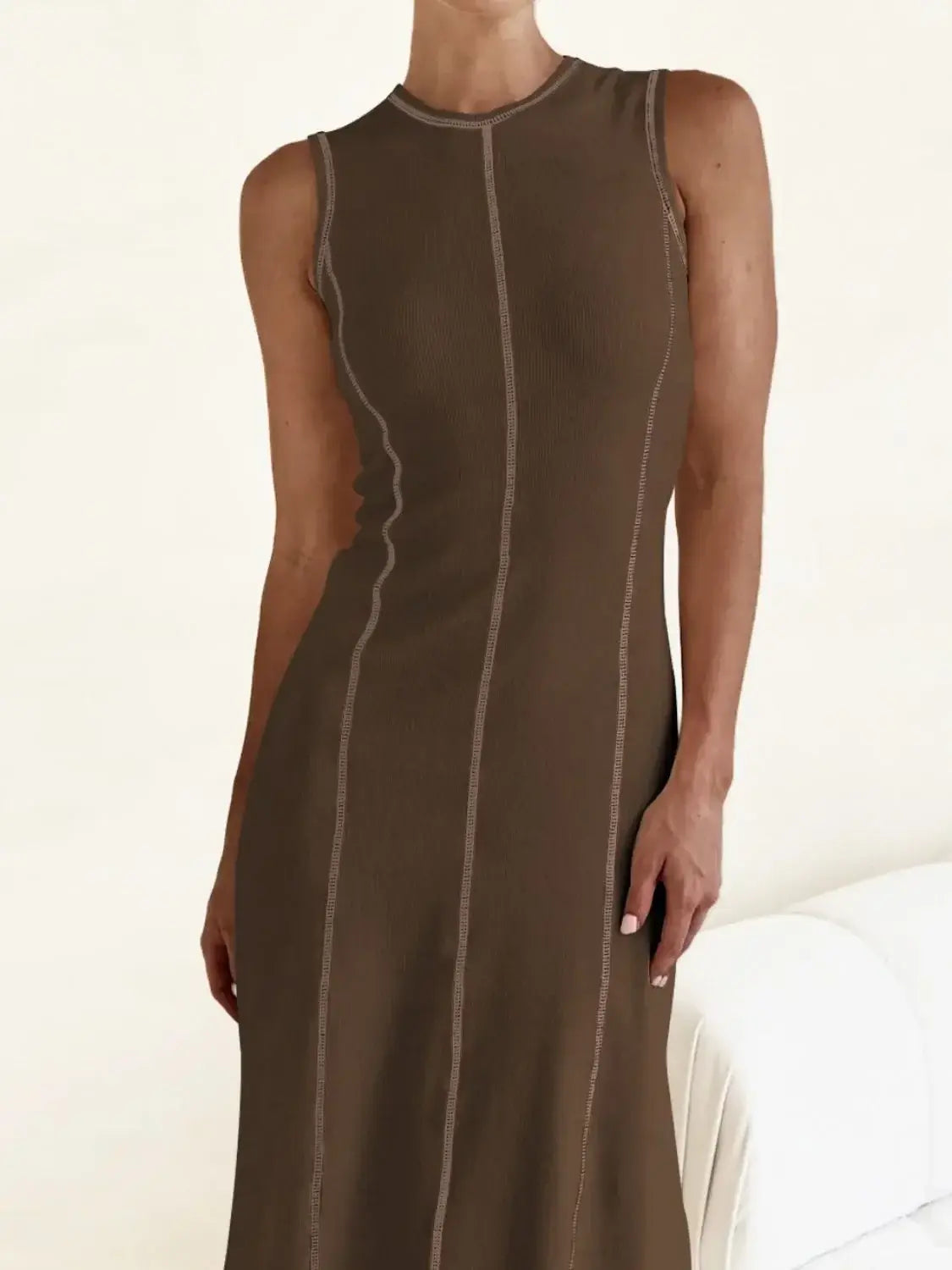 Contrast Stitching Round Neck Sleeveless Midi Dress - Trendsi - Flyclothing LLC