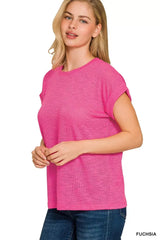 Zenana Hacci Slub Rolled Up Sleeve Tee - Trendsi - Flyclothing LLC