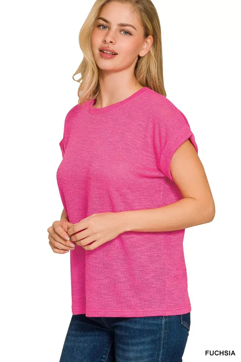 Zenana Hacci Slub Rolled Up Sleeve Tee - Trendsi - Flyclothing LLC