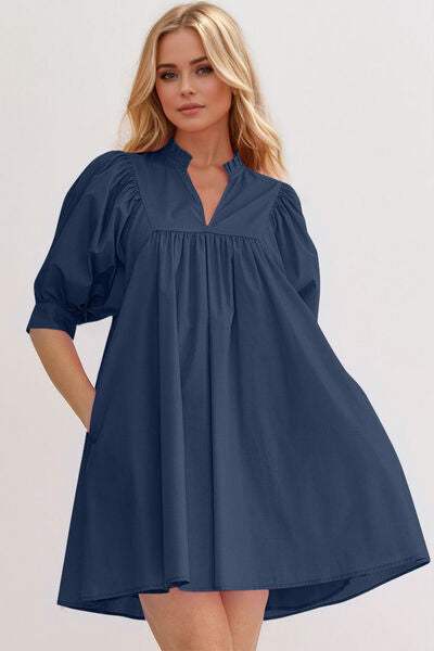 Oh Frill Notched Puff Sleeve Babydoll Mini Dress - Trendsi - Flyclothing LLC