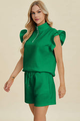 Double Take Full Size Texture Flounce Sleeve Top and Shorts Set - Trendsi - Flyclothing LLC