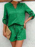 Notched Long Sleeve Top and Shorts Set - Trendsi - Flyclothing LLC