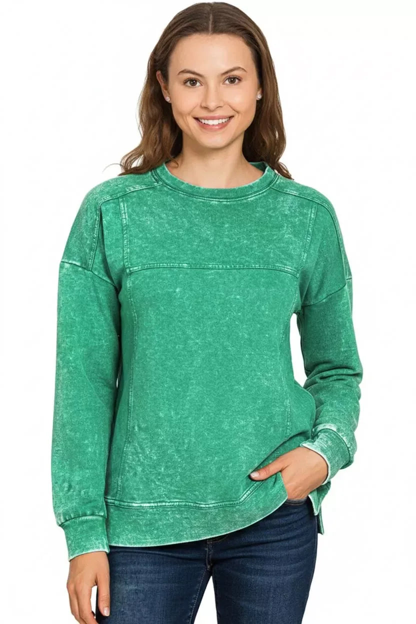 Zenana Acid Wash French Terry Exposed-Seam Pullover - Trendsi - Flyclothing LLC