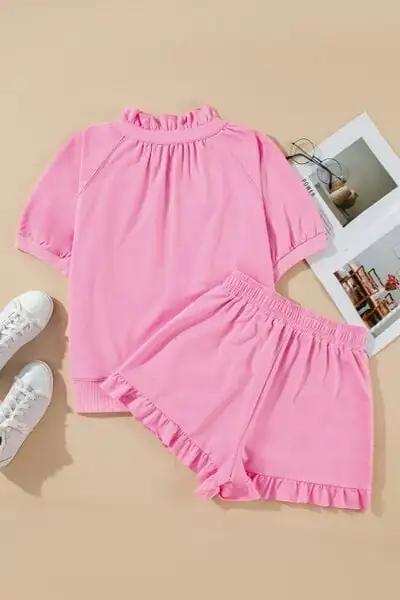 Half Zip Puff Sleeve Top and Ruffled Shorts Set - Trendsi - Flyclothing LLC