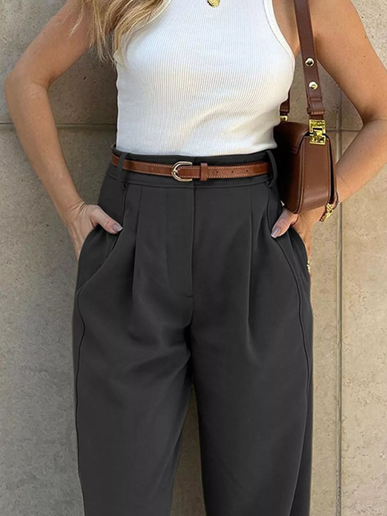 High-Waisted Pleated Pants - Trendsi - Flyclothing LLC