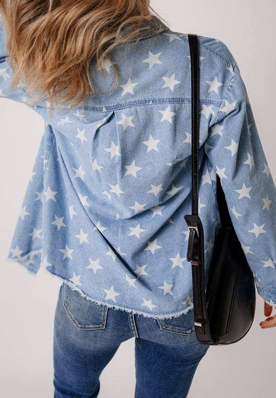 Raw Hem Star Collared Neck Denim Top - Trendsi - Flyclothing LLC