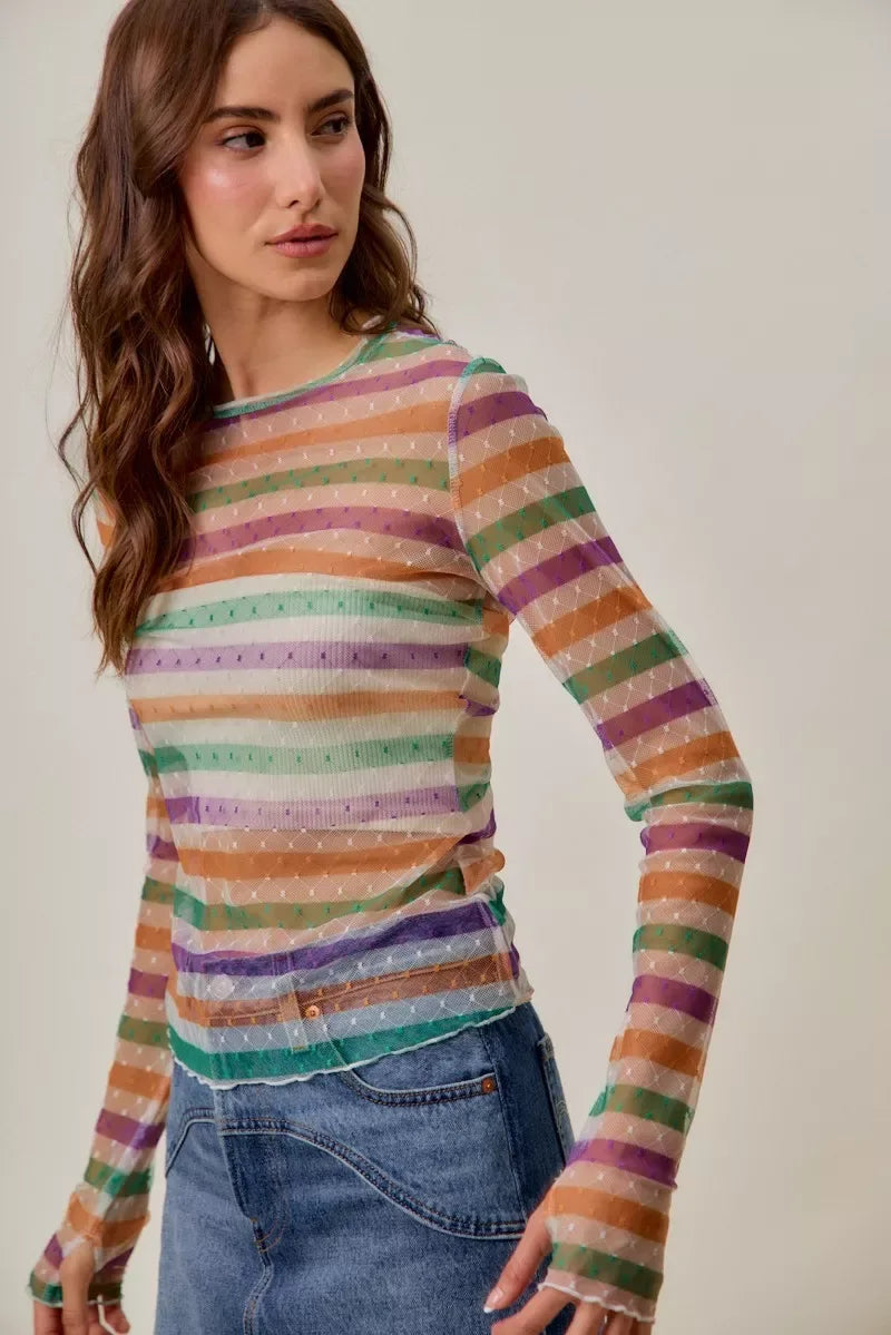 SO ME Mardi Gras Color Stripe Stretch Mesh Top - Trendsi - Flyclothing LLC