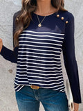 Decorative Button Striped Round Neck Long Sleeve T-Shirt - Trendsi