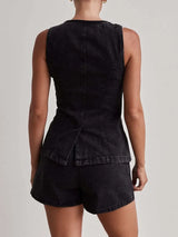 Button Down Vest and Shorts Denim Set - Trendsi - Flyclothing LLC