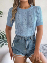 Openwork Round Neck Short Sleeve Knit Top - Trendsi - Flyclothing LLC