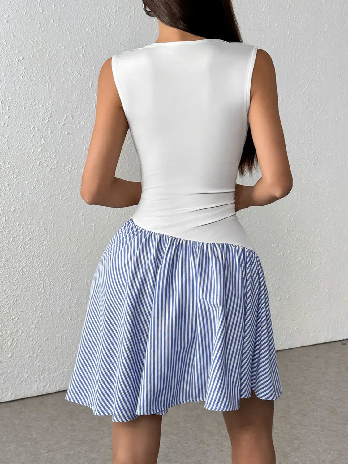 Striped Mock Neck Sleeveless Mini Tank Dress - Trendsi - Flyclothing LLC