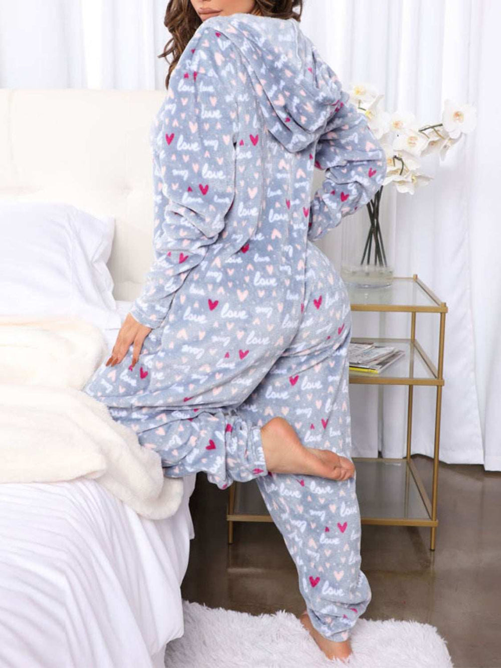 Printed Zip Up Long Sleeve Hooded Lounge Jumpsuit - Trendsi - Flyclothing LLC