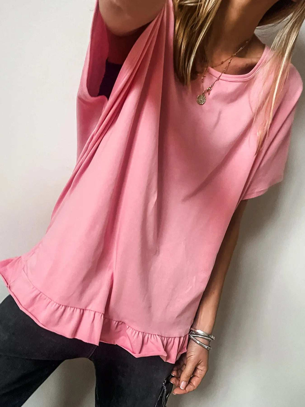 Ruffle Hem Round Neck Relaxed T-Shirt - Trendsi - Flyclothing LLC