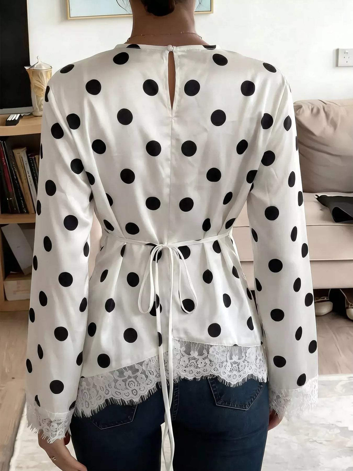 Polka Dot Satin Top with Lace Trim - Trendsi - Flyclothing LLC