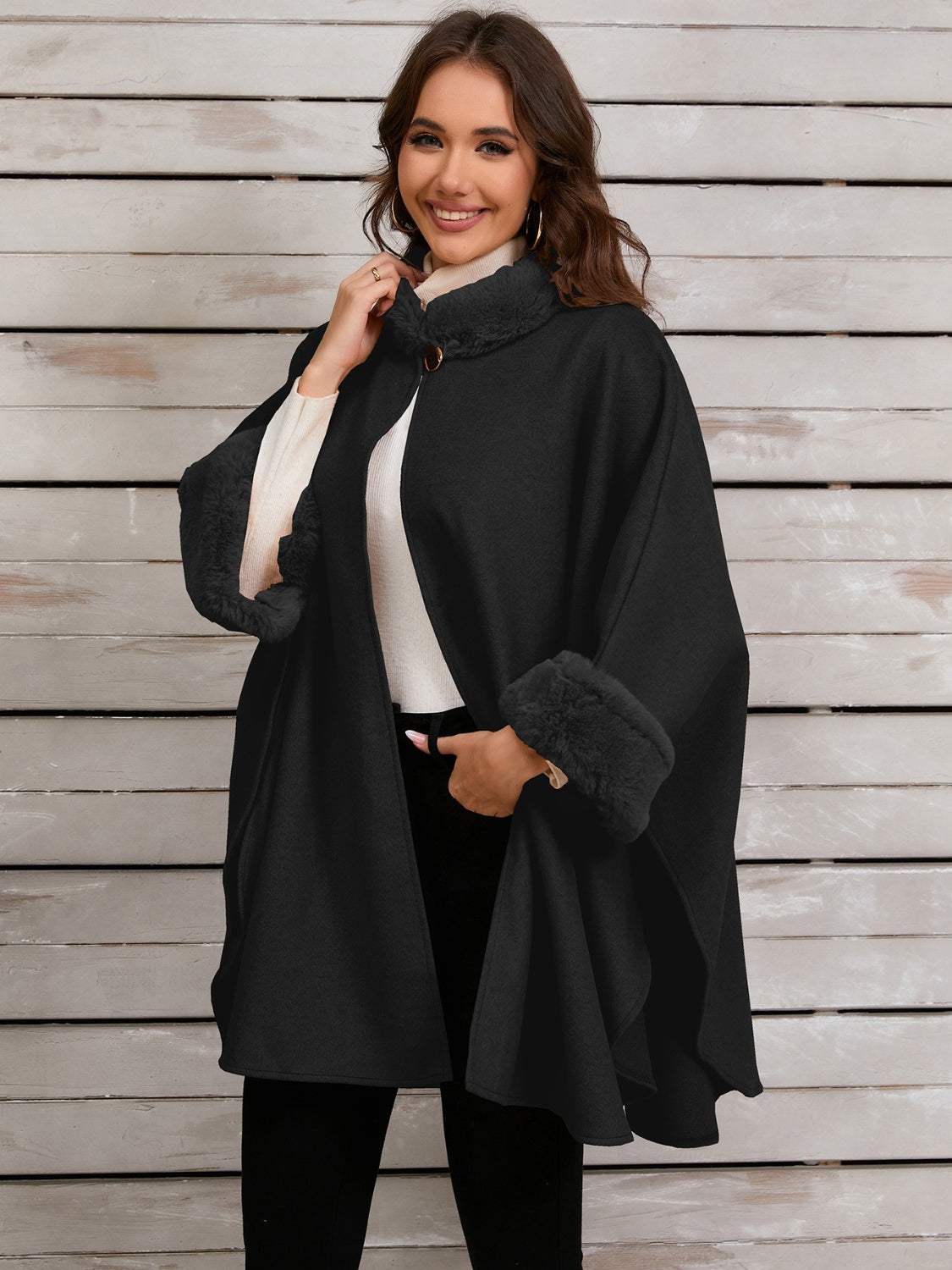 Fuzzy Trim Long Sleeve Poncho - Trendsi - Flyclothing LLC