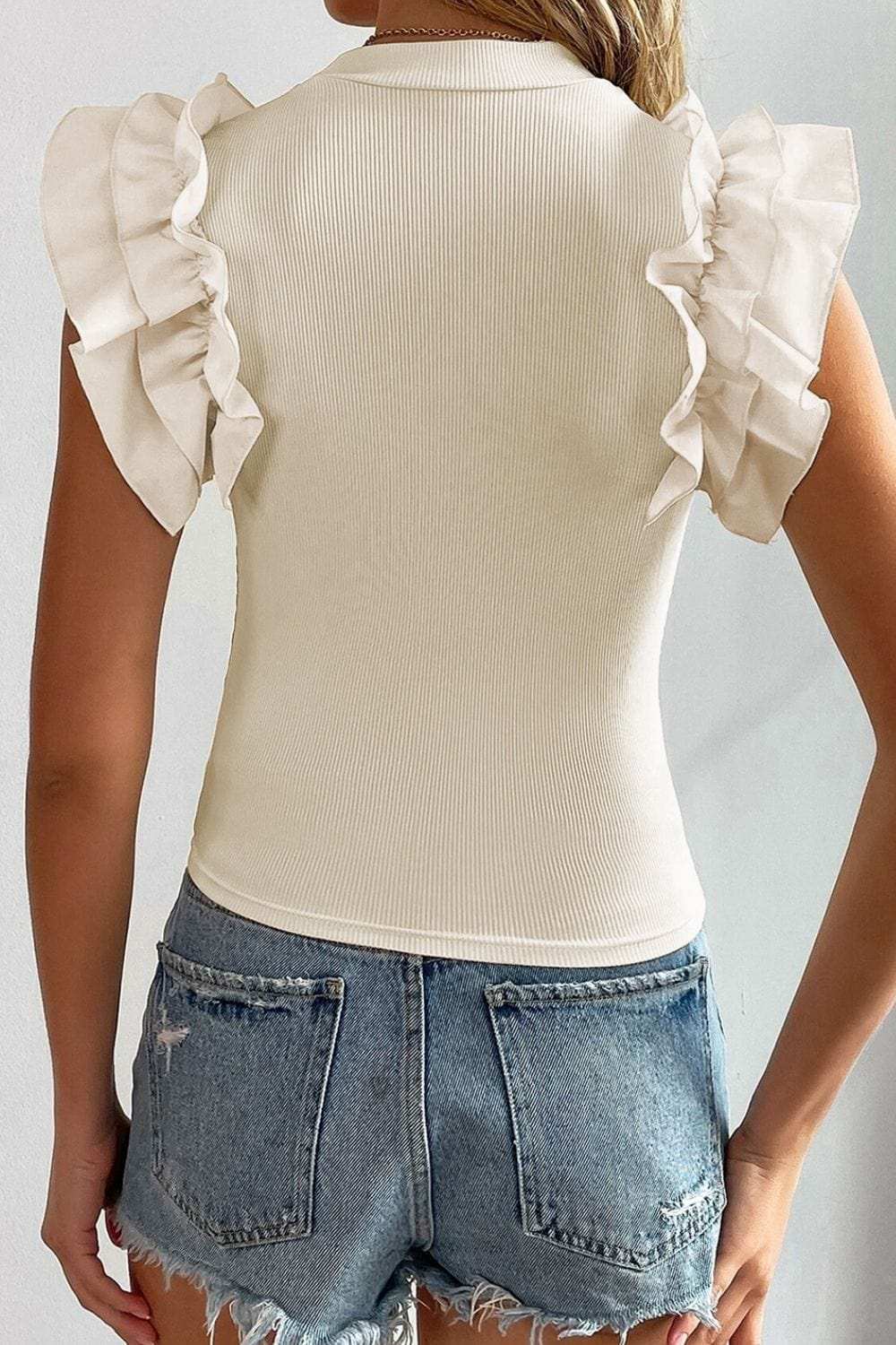 Ruffle Flutter Sleeve Mock Neck Ribbed Top - Trendsi - Flyclothing LLC