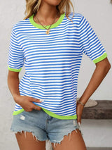 Mandy Striped Round Neck Half Sleeve Knit Top - Trendsi - Flyclothing LLC