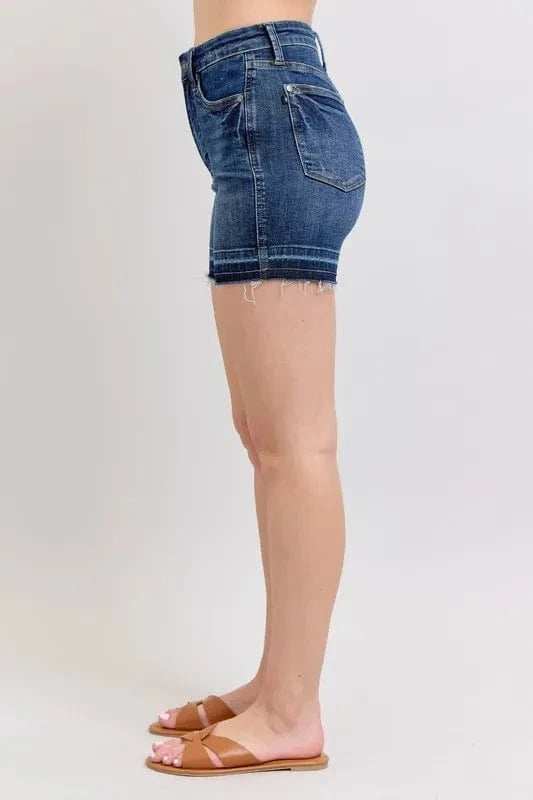 Judy Blue Full Size High Waist Tummy Control Destroy Release Hem Denim Shorts Plus Size - Trendsi - Flyclothing LLC