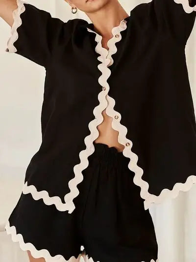 Contrast Trim Half Sleeve Top and Shorts Set - Trendsi - Flyclothing LLC