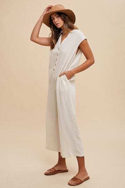Annie Wear Button Detail Wide Leg Jumpsuit with Pockets - Trendsi - Flyclothing LLC