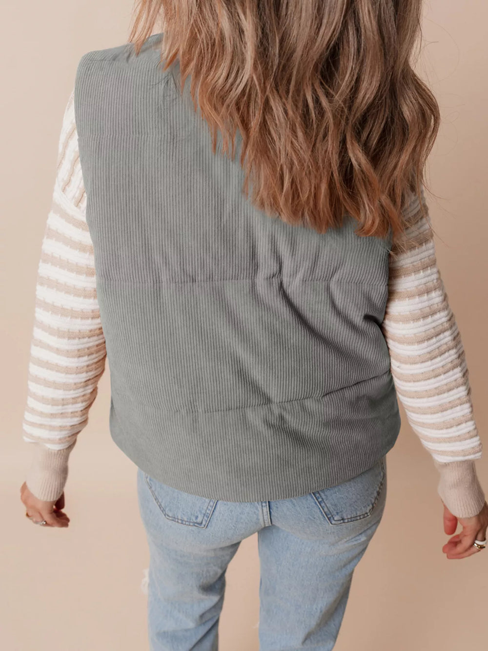 Corduroy Stand Neck Zipped Puffer Vest - Trendsi - Flyclothing LLC