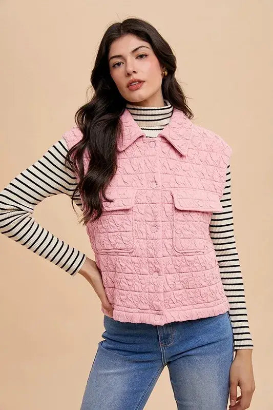 Annie Wear Texture Quilted Snap Down Vest Coat - Trendsi - Flyclothing LLC