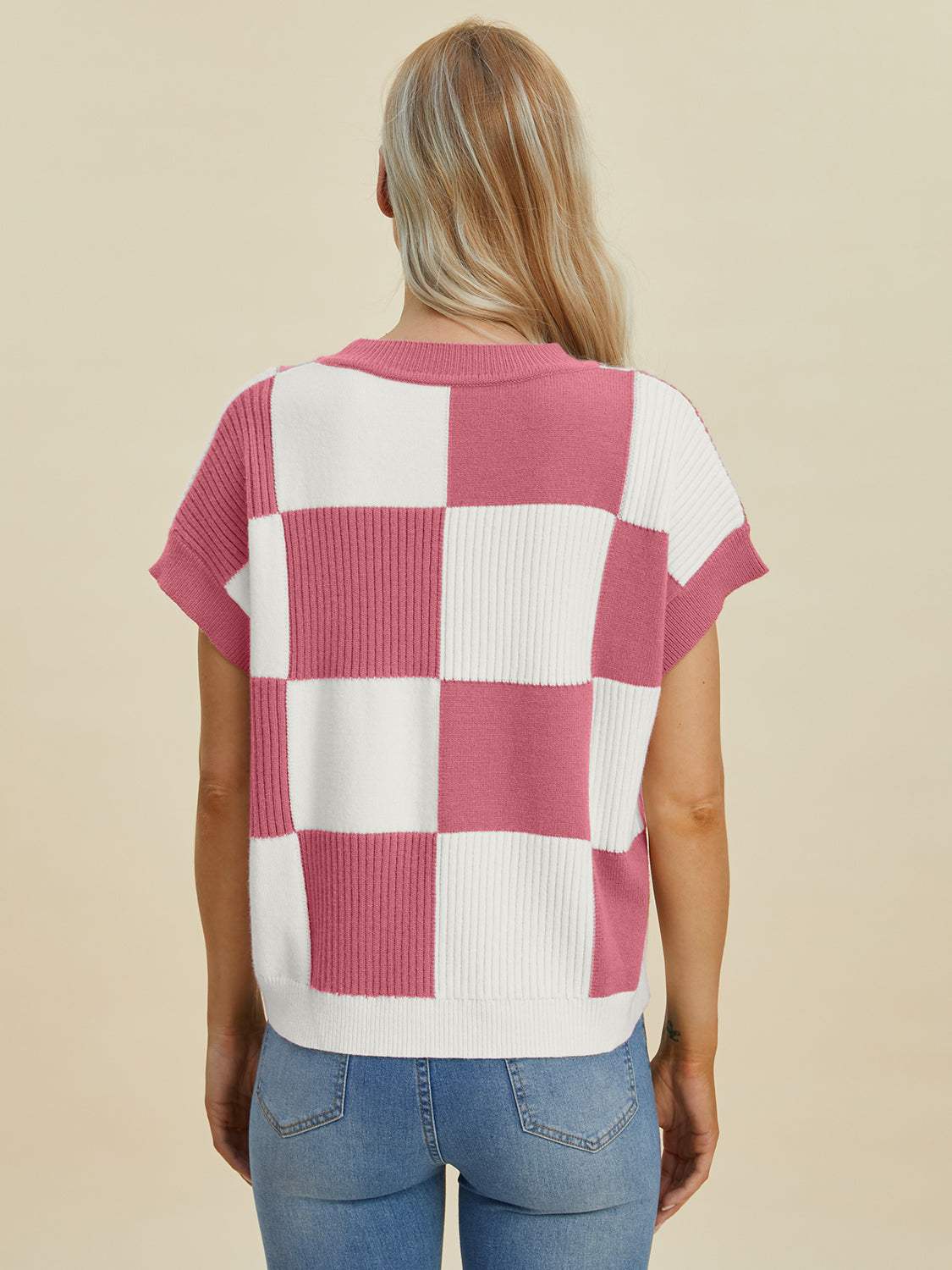 Double Take Full Size Checkered Round Neck Short Sleeve Sweater - Trendsi - Flyclothing LLC