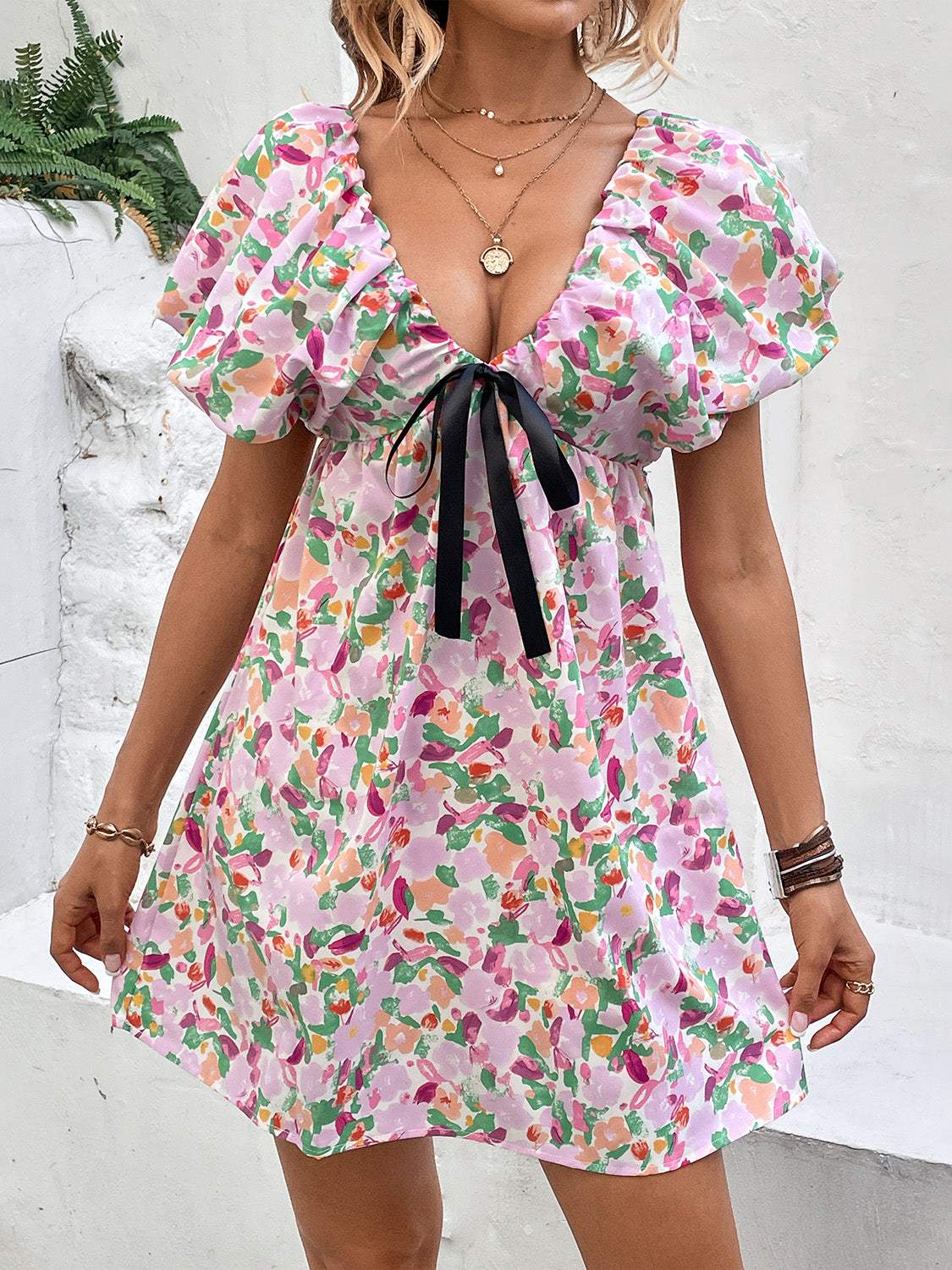 Printed V-Neck Puff Sleeve Mini Dress - Trendsi - Flyclothing LLC
