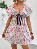 Printed V-Neck Puff Sleeve Mini Dress - Trendsi