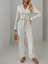 Striped Notched Long Sleeve Tie Waist Jumpsuit - Trendsi - Flyclothing LLC