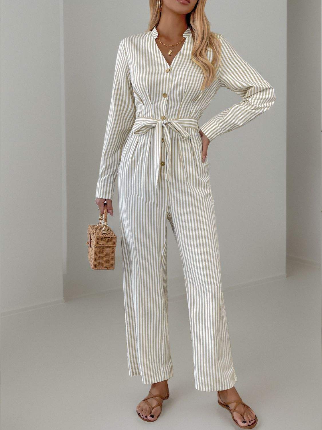 Striped Notched Long Sleeve Tie Waist Jumpsuit - Trendsi - Flyclothing LLC