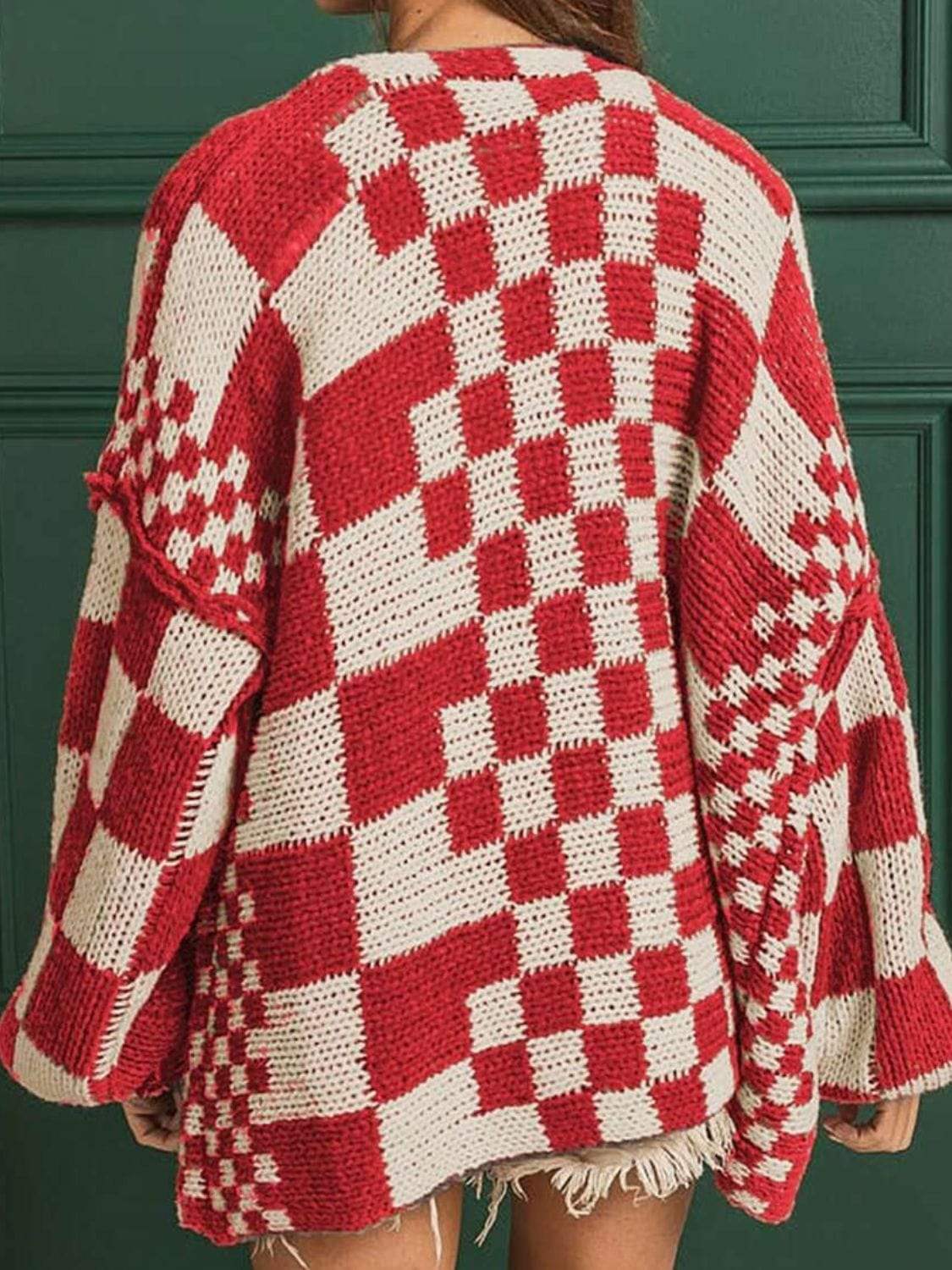 Checkered Open Front Long Sleeve Cardigan - Trendsi - Flyclothing LLC