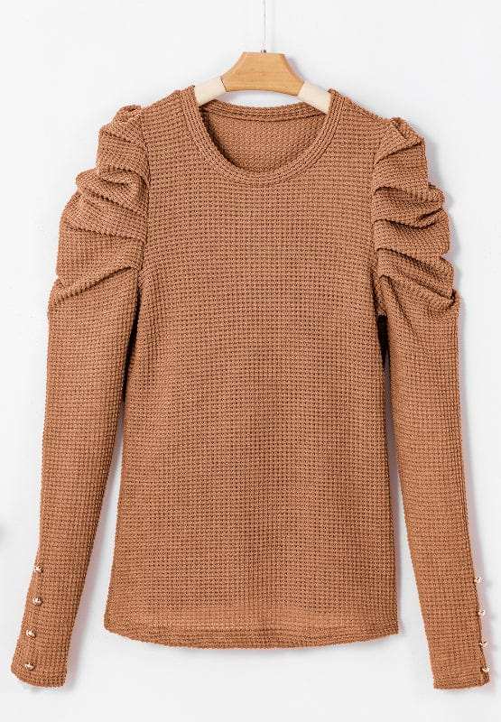 Decorative Button Round Neck Puff Sleeve Blouse - Trendsi - Flyclothing LLC