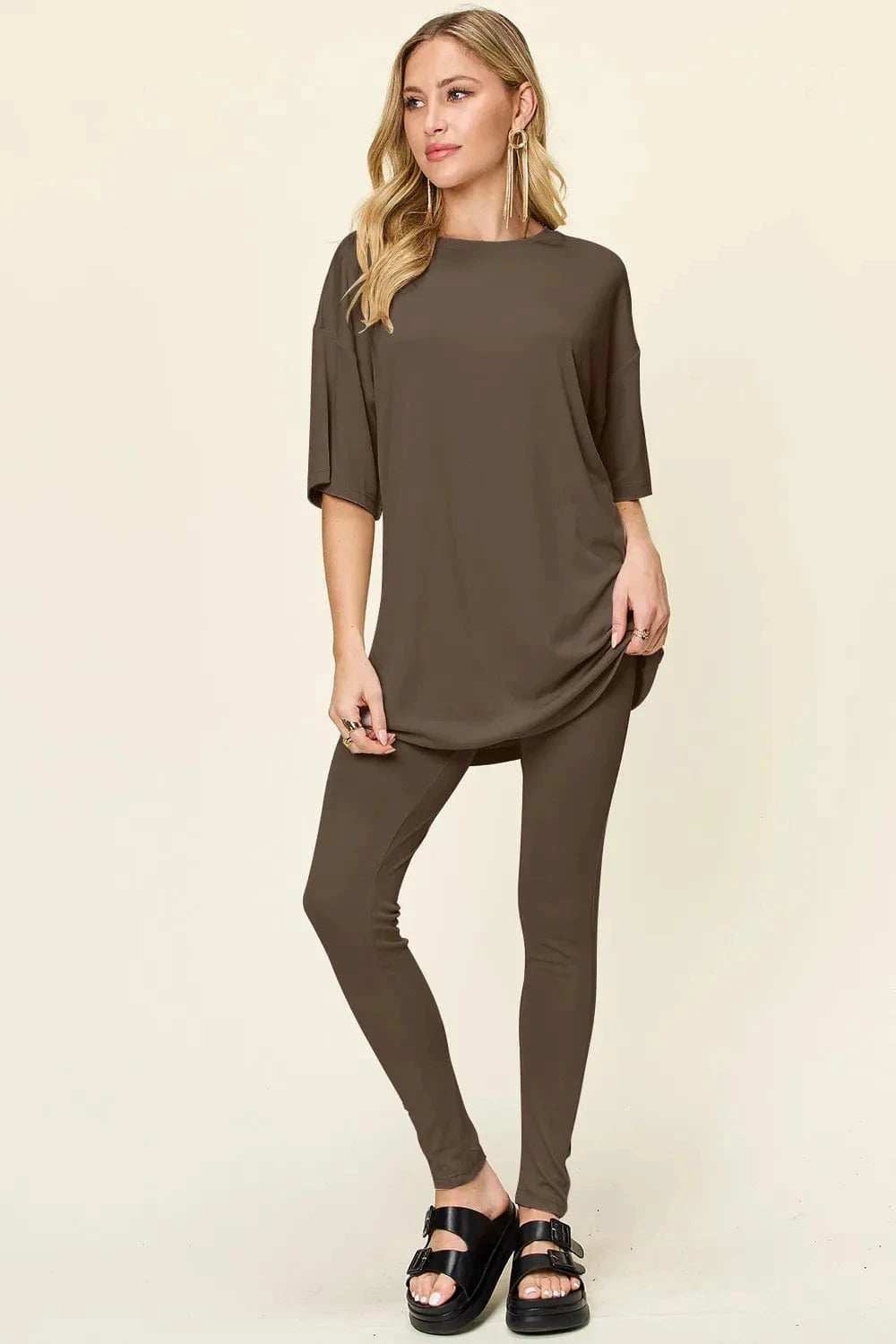 Double Take Full Size Round Neck Dropped Shoulder T-Shirt and Leggings Set - Trendsi - Flyclothing LLC