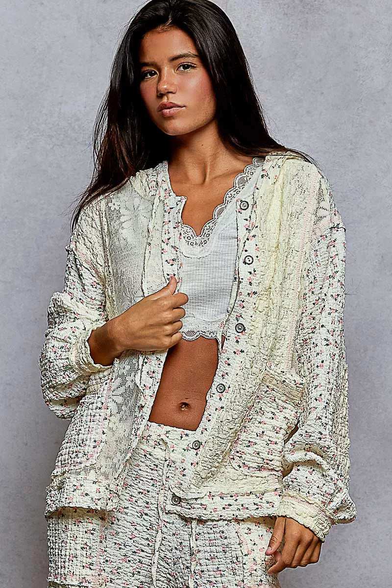 POL Floral Balloon Sleeve Hooded Lace Jacket with Stitch Detail - Trendsi - Flyclothing LLC