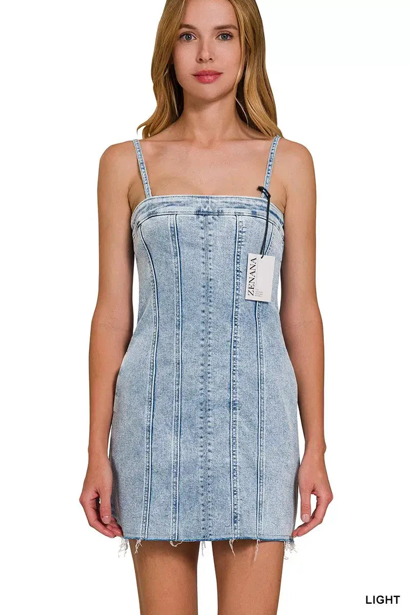 Zenana Spaghetti Strap Exposed Seam Light-Wash Dress - Trendsi - Flyclothing LLC