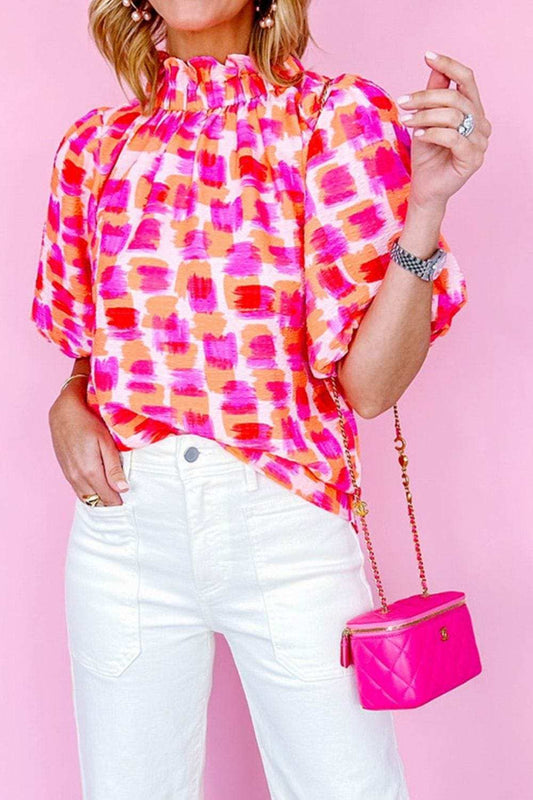 Abstract Print Button Back Ruffed Mock Neck Blouse - Trendsi - Flyclothing LLC