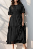 Puff Sleeve Pleated High Waist Flowy Midi Dress - Trendsi - Flyclothing LLC